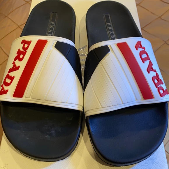 Prada Other - Prada logo embossed poolside slides, size 9